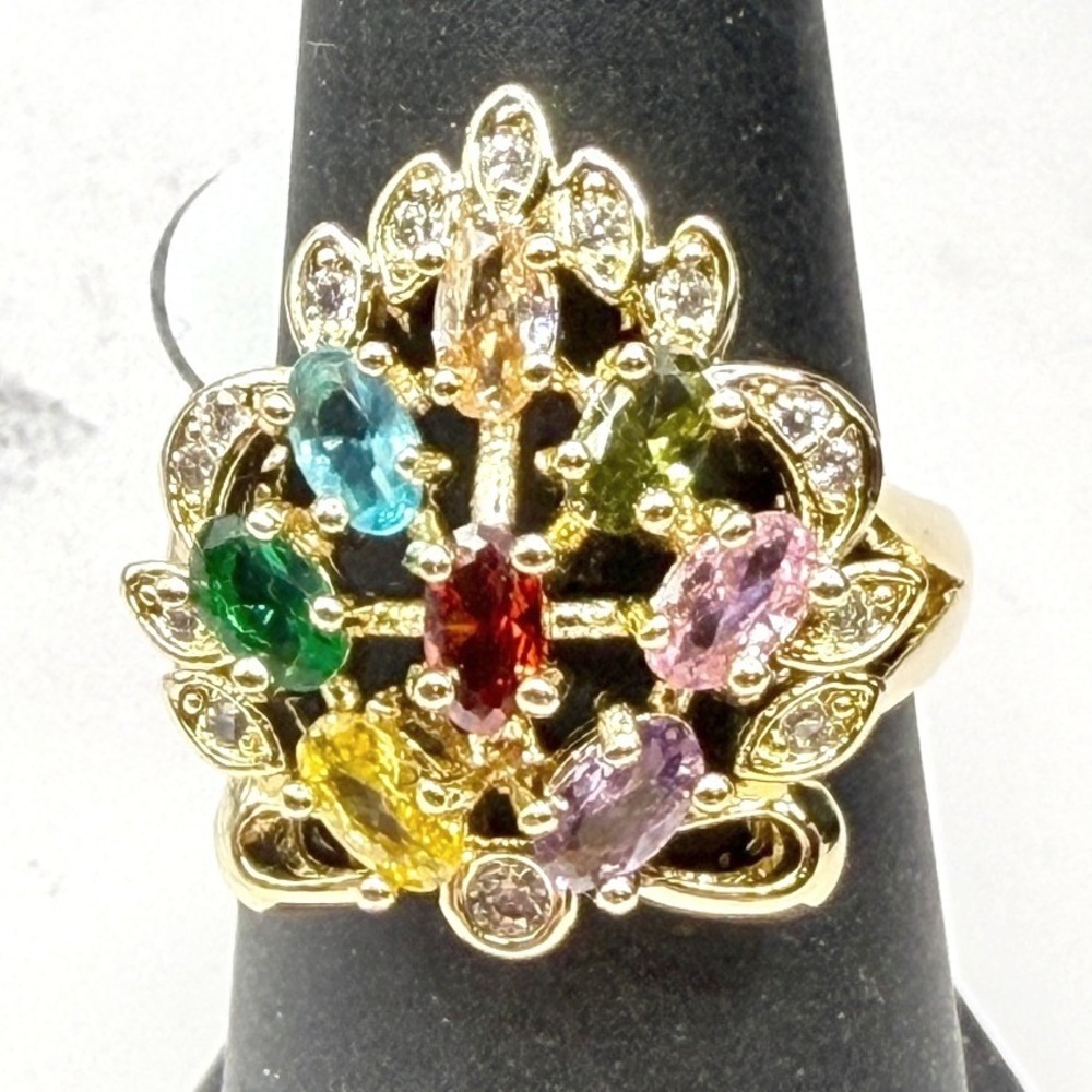Multicolor Gem Ring Stainless Steel‎ Size 7.5 Gold Crown Style Statement Ring